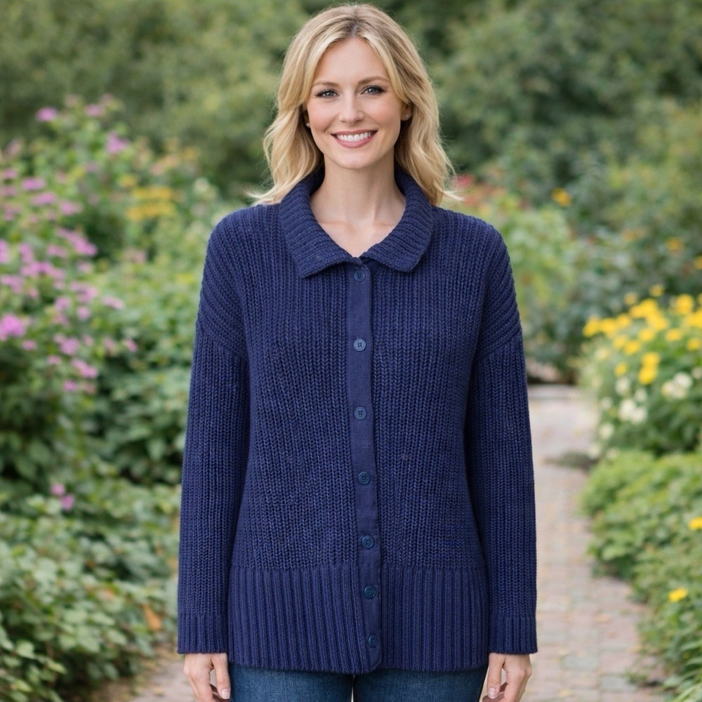 NEW Haven Well Within Button Front Shaker Stitch Cotton Cardigan Indigo L